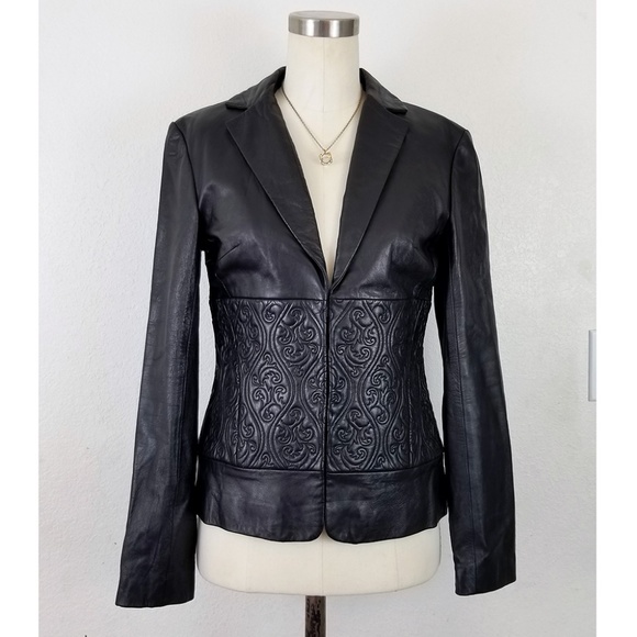 BCBG Jackets & Blazers - New BCBG Black Leather Jacket Quilted Damask Swirl